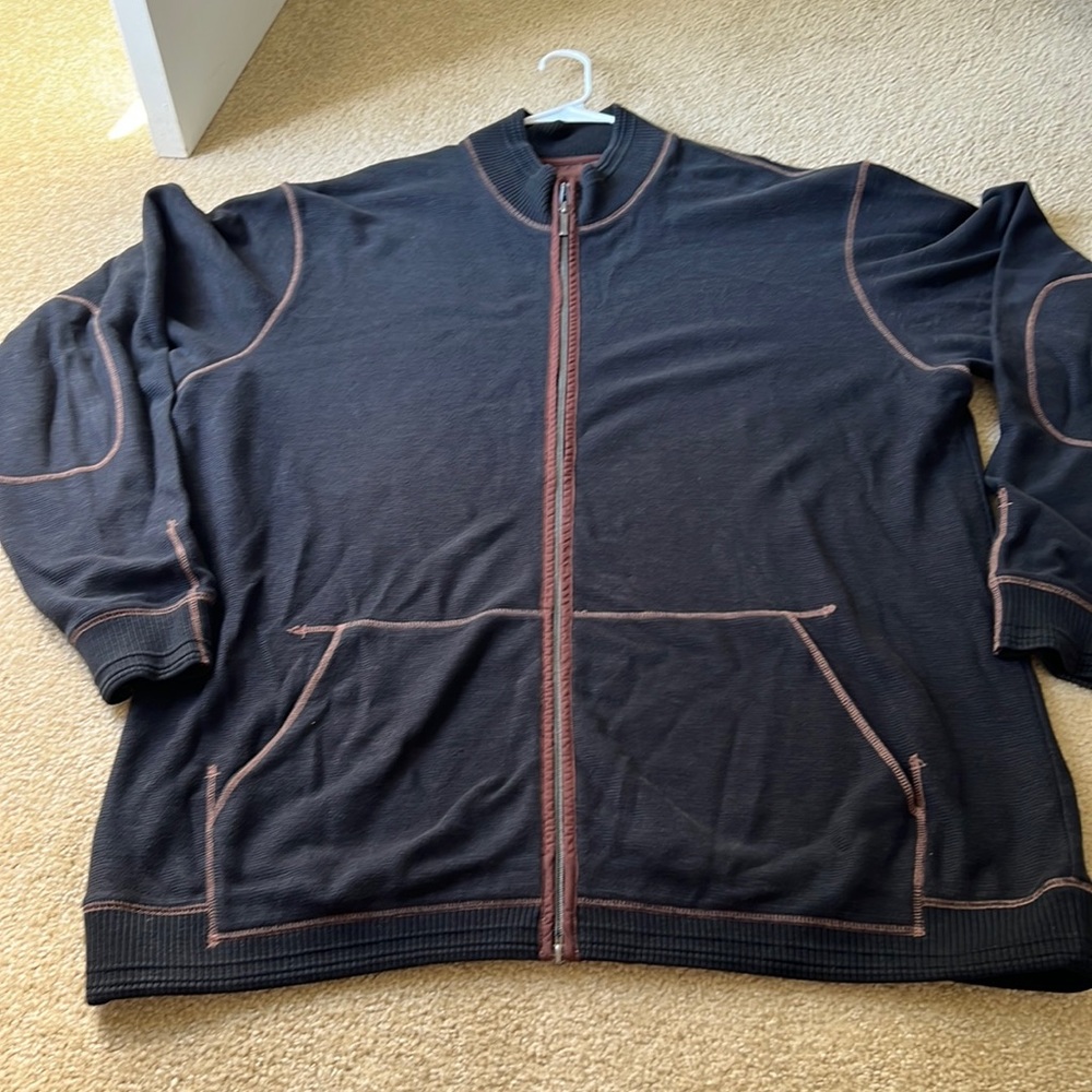 Tommy Bahama zip up knit.black trimmed in brown
